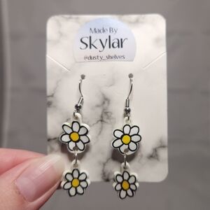 Handmade Shrinking Plastic 2 Tier Daisy Flower Dangle Earrings